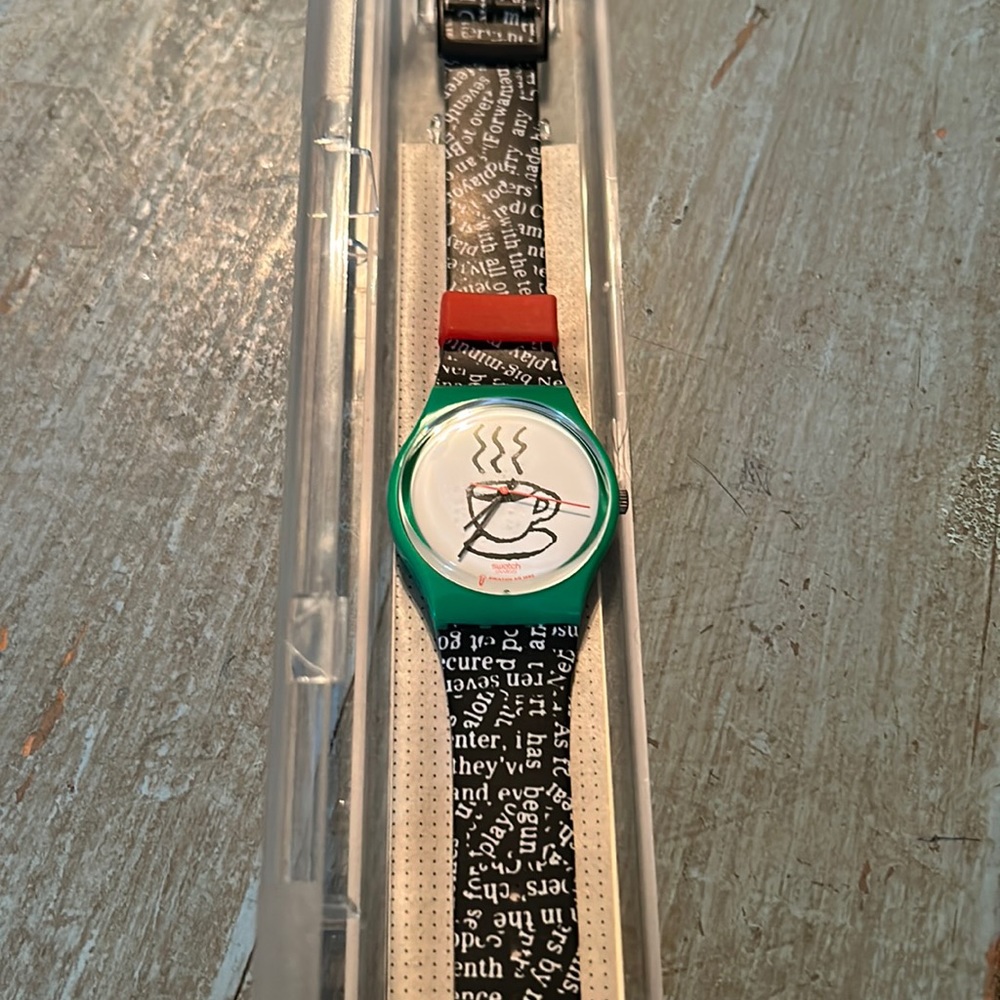 Vtg 1993 Swatch Watch CAPPUCCINO GG121 Gents Black Green Red Coffee Cup In Box